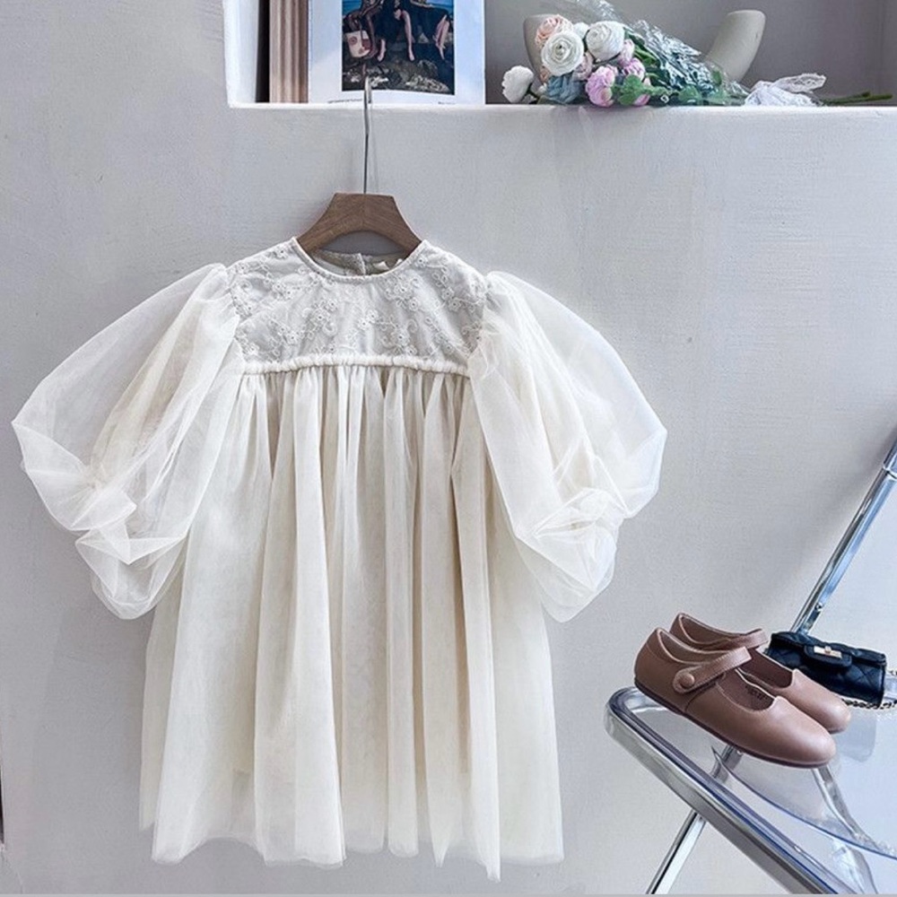 Dreamy toddler Cream Tulle Dress with Puff Sleeves